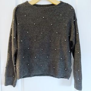 H&M Knit Crewneck Sweater with Beaded Pearls in Grey